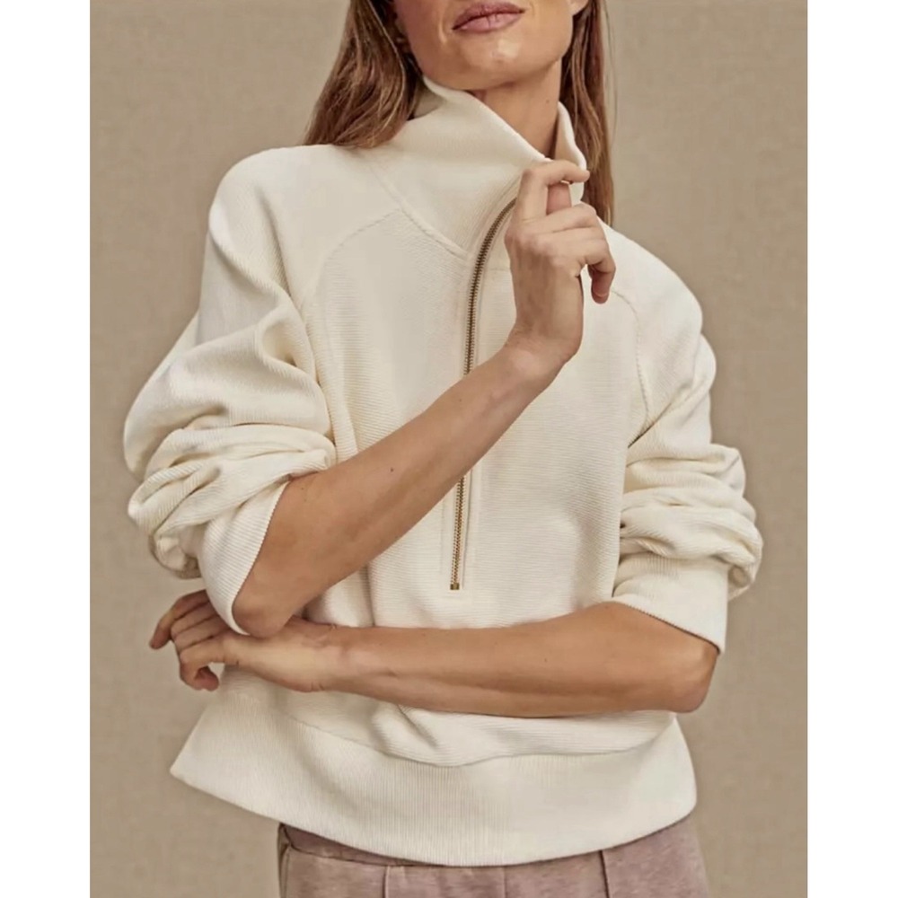Varley Milano Half Zip Sweat Ivory Ottoman Rib Knit Pullover Women's L - Picture 3 of 11